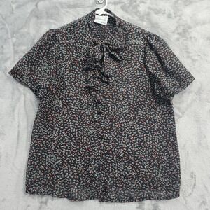 Vintage Alamode Of California Top Womens‎ M Black Sheer Bow Ruffled Short Sleeve